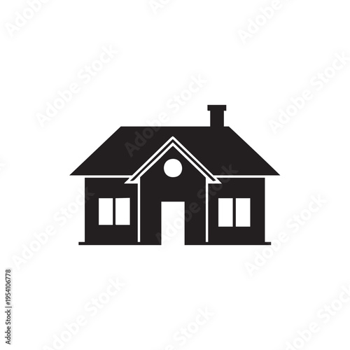 Solid black silhouette icon of a house with a pitched roof, chimney, windows, and front door, symbolizing home