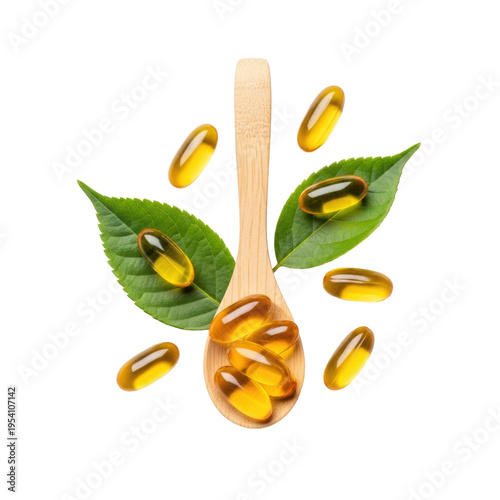 Golden amber softgel capsules, glossy and reflective, on vibrant green leaves and a small wooden spoon, transparent studio background, top-down. Holistic wellness concept