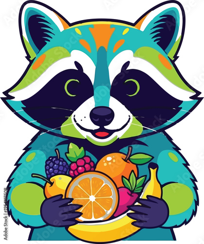 A vibrant cartoon raccoon character happily holding a colorful assortment of fresh healthy fruits