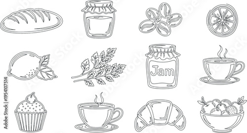 Breakfast and Cafe Essentials Collection - Hand Drawn Bakery, Coffee, Jam, and Fruit Line Art Icons Set