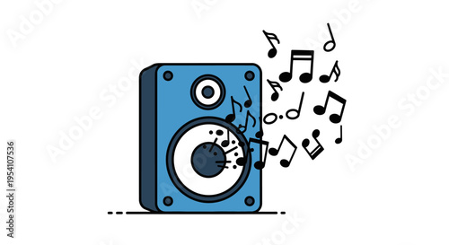 Blue speaker with music notes coming out.