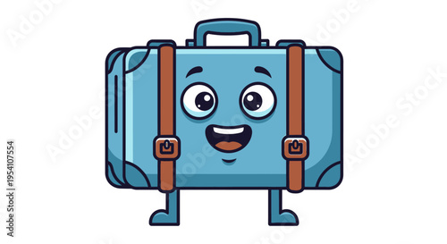 Cartoon blue suitcase with smiling face.