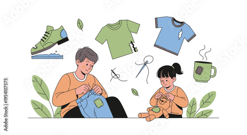 Sustainable Lifestyle: Man and Girl Mending Clothes and Toys, Promoting Repair and Reuse