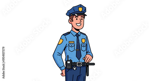 Smiling cartoon police officer standing.