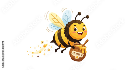 Cartoon bee holding honey pot.