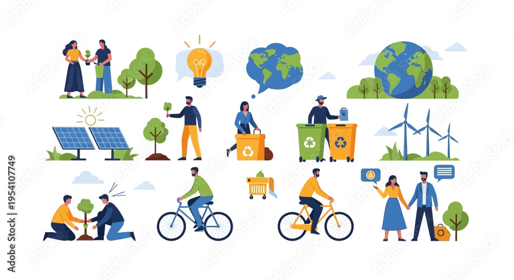 Fototapeta premium Environmental Protection & Sustainable Living Concepts: Recycling, Renewable Energy, Tree Planting & Green Habits