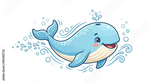 Smiling cartoon blue whale swimming happily.