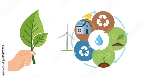 Sustainable Future & Green Energy Cycle Infographic: Hand Holding Leaf with Solar House, Wind Turbine, Recycling, and Water Conservation Icons