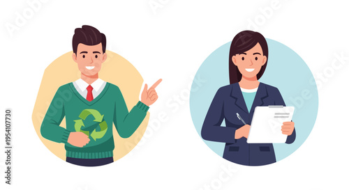 Green Business & Sustainability Experts: Male Advocate with Recycling Symbol and Female Professional with Report