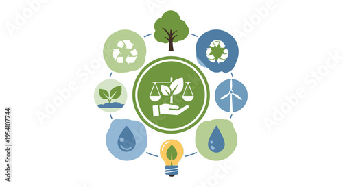 Sustainability Concept Infographic: Environmental Balance, Renewable Energy, Recycling, and Nature Conservation Icons