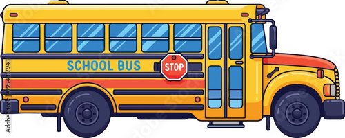 A bright yellow school bus illustrated in a clean vector style against a simple white background