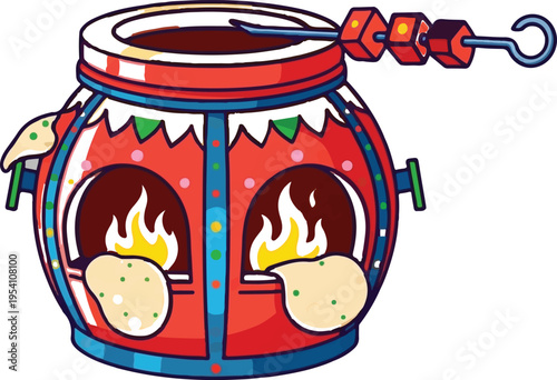 Colorful illustration of a traditional clay tandoor oven cooking naan bread and meat skewers