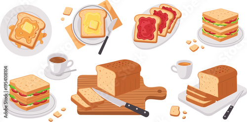 Bread and Sandwich Food Collection with Toast, Butter, Jam, Coffee, and Sliced Loaf Elements in Cartoon Style for Breakfast Menu and Bakery Vector Illustrations