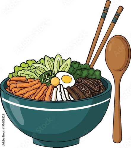 A colorful illustration of a delicious bowl of bibimbap served with chopsticks and a wooden spoon