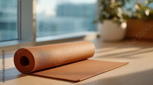 Empty yoga studio with single mat rolled out near window as beginner prepares for first class arrival, perfect for fitness newcomer anticipation, exercise class anxiety, beginner workout