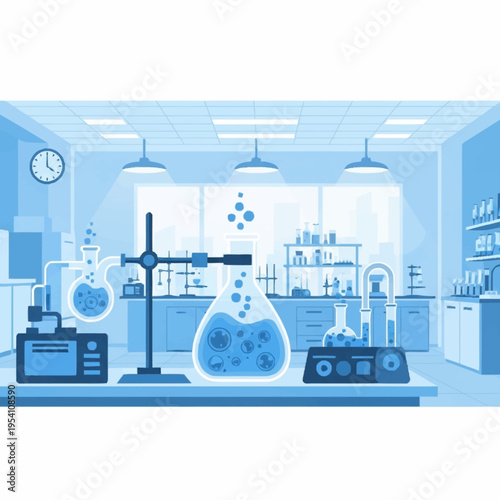 Detailed interior of a bright, modern science laboratory with various glassware, testing equipment, and a clock on the wall, vector illustration.