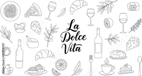 La Dolce Vita Italian Food Line Art Collection with Pizza Pasta Wine and Dessert Icons