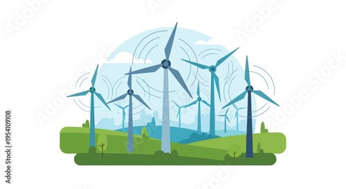 Modern Wind Farm Landscape Illustration: Renewable Energy Wind Turbines Generating Clean Power on Green Hills