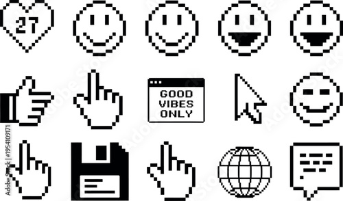 A set of retro pixel art icons includes various cursors, smiley faces, and a "Good Vibes Only" window. These graphics evoke the early days of the internet and computer interfaces, perfect for nostalgi