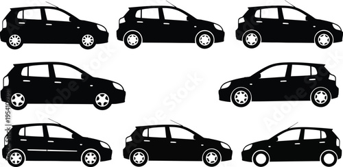 Eight black silhouettes of cars in two rows on a white background