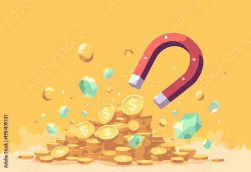 minimalist flat massive, stylized horseshoe magnet pulling chaotic swarm abstract gold coins glowing green geometric gems Lead generation concept Vibrant yellow background