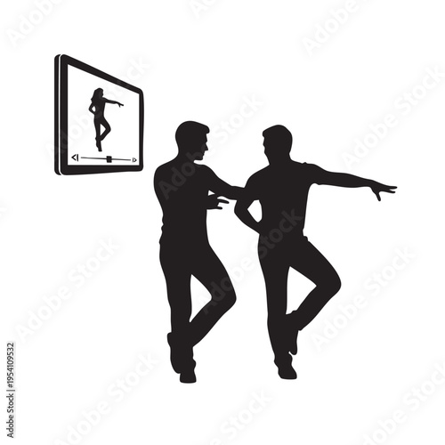 Two Men Dance in Front of TV with Dancer Silhouette Online Dance Class Home Workout Video Learning Choreography