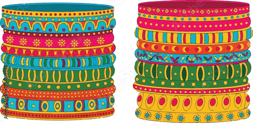 A vibrant digital illustration of two stacked sets of colorful traditional indian style bangles