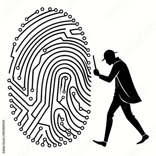 A vector graphic illustration of a silhouette man examining a large fingerprint with circuit board design
