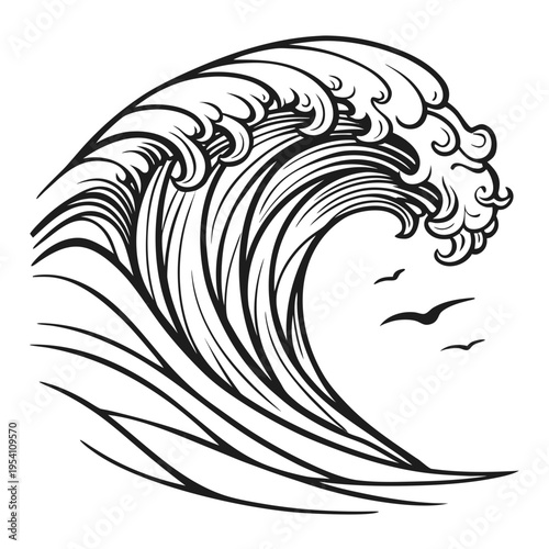 A minimalist black and white vector illustration of a crashing ocean wave with birds flying overhead