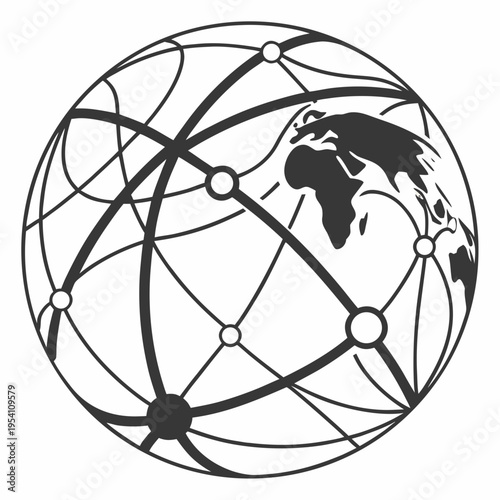 A black and white vector graphic illustration of a globe with interconnected lines and nodes