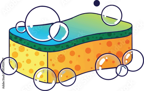 A vibrant yellow and blue household cleaning sponge surrounded by translucent floating soap bubbles