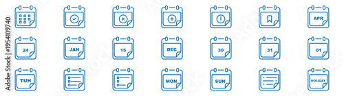 Minimal Calendar Line Icon Set – Clean Date Planner Outline Icons Pack, Schedule Reminder UI Symbols, Monoline Vector Collection. modern linear calendar and date icon set. vector thin line outline