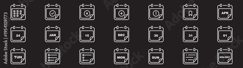Calendar and time management line icons set with clock and location pin modern vector illustration collection. Salary day icon in black. Clean event planner, Schedule calendar icon set time management