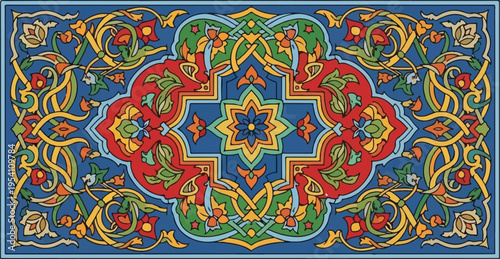 An intricate rectangular persian pattern featuring vibrant floral motifs and geometric symmetry