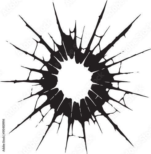 Massive central hole glass crack texture broken windscreen mirror realistic shatter background isolated transparent vector design element