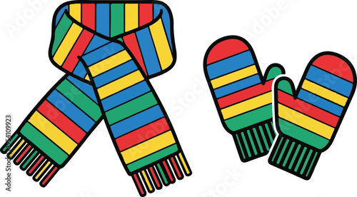 A colorful striped winter scarf and a pair of matching mittens isolated on a plain white background