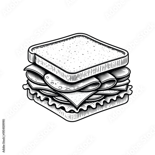 Classic deli sandwich engraving illustration. Scratchboard imitation. Black and white image, flat vector