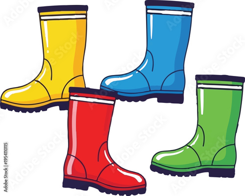 Colorful rubber boots splashing in water puddles for a fun and playful rainy day illustration set