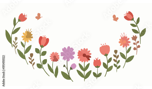 Cute blooming flower garden with bees butterflies and nature elements vector design