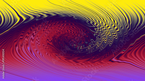 Abstract optical illusion background with yellow purple red swirling vortex lines, dynamic fluid motion, and vibrant geometric decorative layout