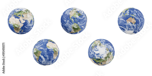 Set of 5 Earth globes from different angles showing all continents. Planet Earth icons on white background, global map 3D render illustration.