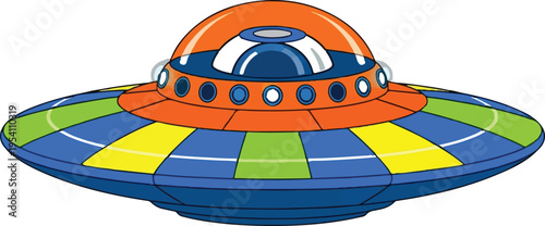 A colorful illustration of a classic flying saucer spaceship isolated on a white background