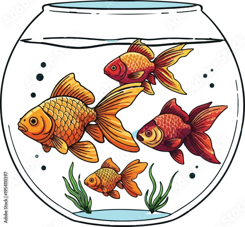 A colorful illustration featuring four bright goldfish swimming inside a round glass fish bowl