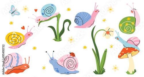 Flat snail sticker vector set in cute spring style. Funny colorful snails with flowers, leaves and mushrooms. Cozy nature collection, cartoon style. Perfect for stickers, kids design and decor.