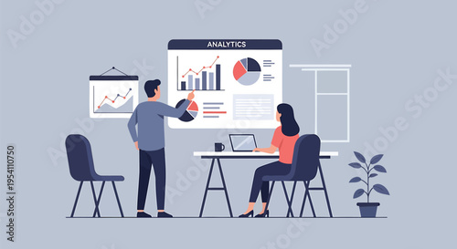 Vector illustration of business people working with analytics and data