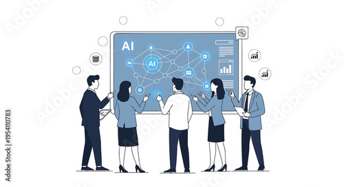 Vector illustration of business people interacting with AI network diagram