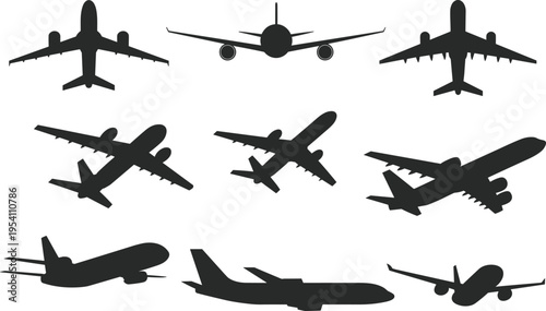 Collection of airplane silhouettes in various flight positions and angles isolated on white background, aviation travel and transportation design concept