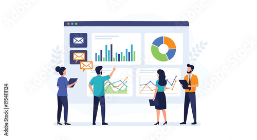 Vector illustration of 4 people analyzing business data on a large screen