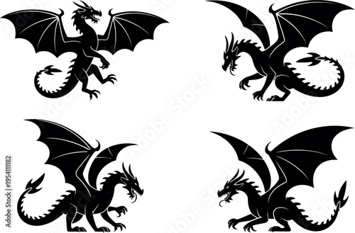  Four dynamic black silhouettes of dragons are shown in different flying and standing poses. Each creature features large wings, sharp claws, and a spiky tail, capturing a powerful and mythical essenc