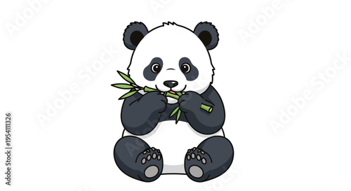 Cute Panda Holding Green Leaves.